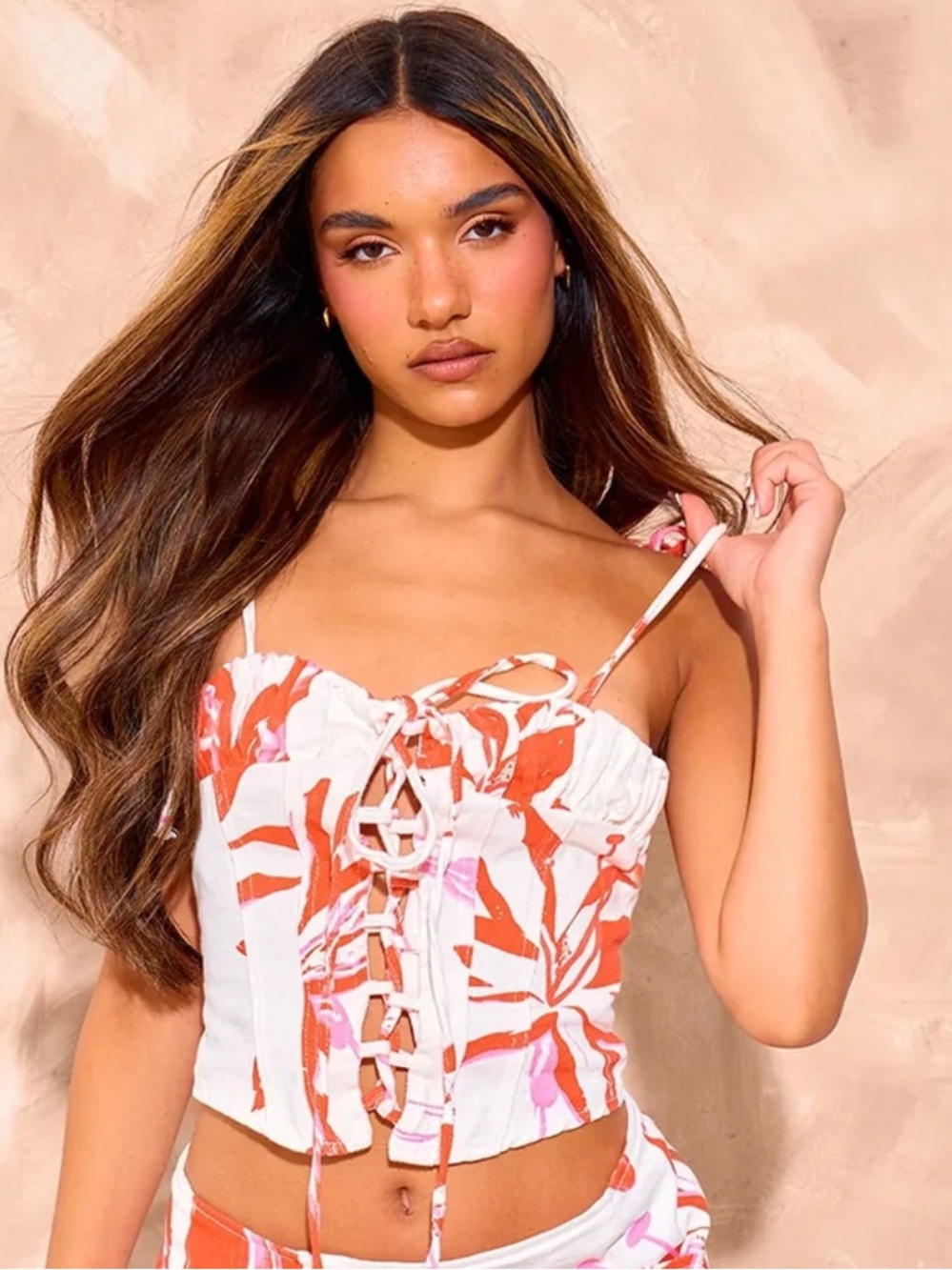 PrettyLittleThing White and Orange Floral Lace-Up Crop Top